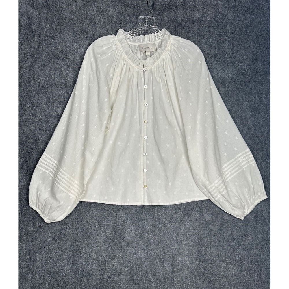 Cleobella Anthropologie Women Boho Ruffle Neck Balloon Sleeve Blouse M White - Picture 2 of 13